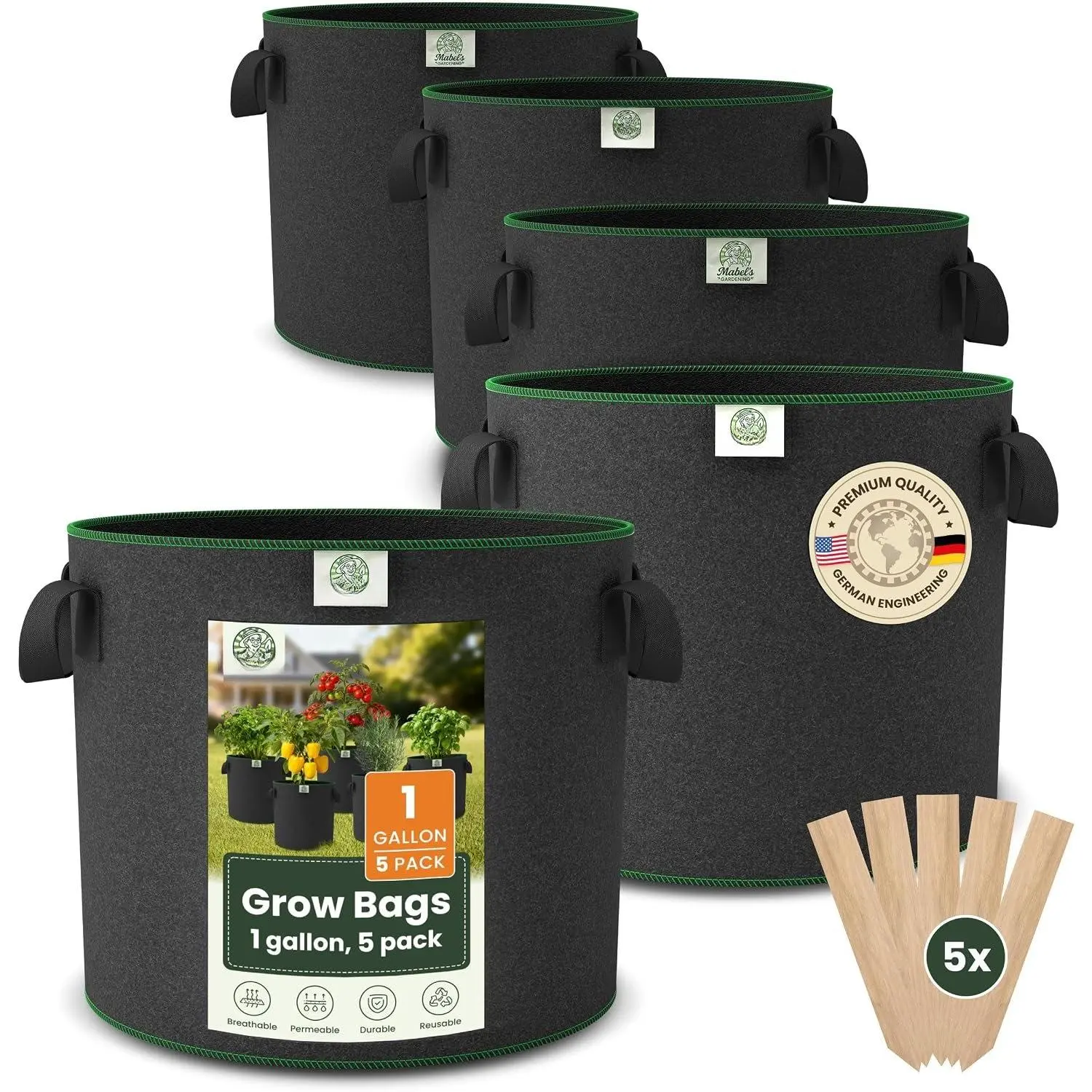 Mabel's  5-Pack 1 Gallon Grow Bags - Garden Planting Bags 7.1 x 5.9 INCH Made of 8.85 oz/yd² (300g/m²) Felt & Fleece Fabric  Pot,  Bag, Grow Bag for Basil Oregano Tomato