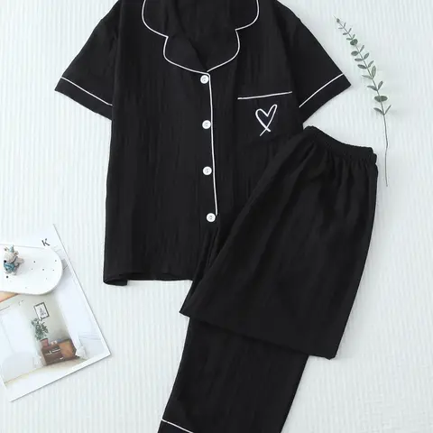 Women's Two-Piece Collared Pajama Set, Contrast Binding Lapel Pocket Heart Embroidery Short Sleeve Top & Bow Pants Sleepwear for Home Use, Loungewear, Matching Pj Set