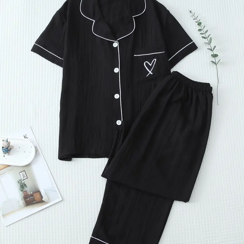 Women's Two-Piece Collared Pajama Set, Contrast Binding Lapel Pocket Heart Embroidery Short Sleeve Top & Bow Pants Sleepwear for Home Use, Loungewear, Matching Pj Set
