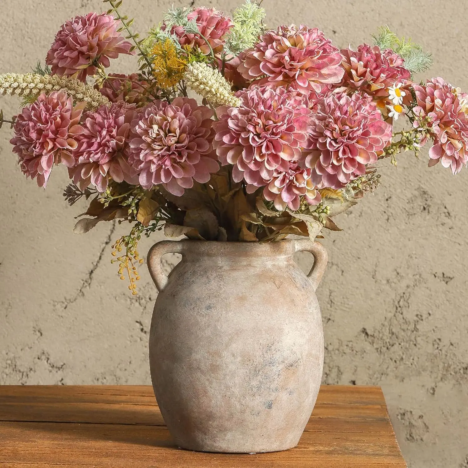 Flower Vase 7.6 inch Farmhouse Rustic Vase Decorative Pottery Terracotta Vases for Home Decor Table Mantle Fireplace Living Room Wedding Centerpiece (Whitewashed)