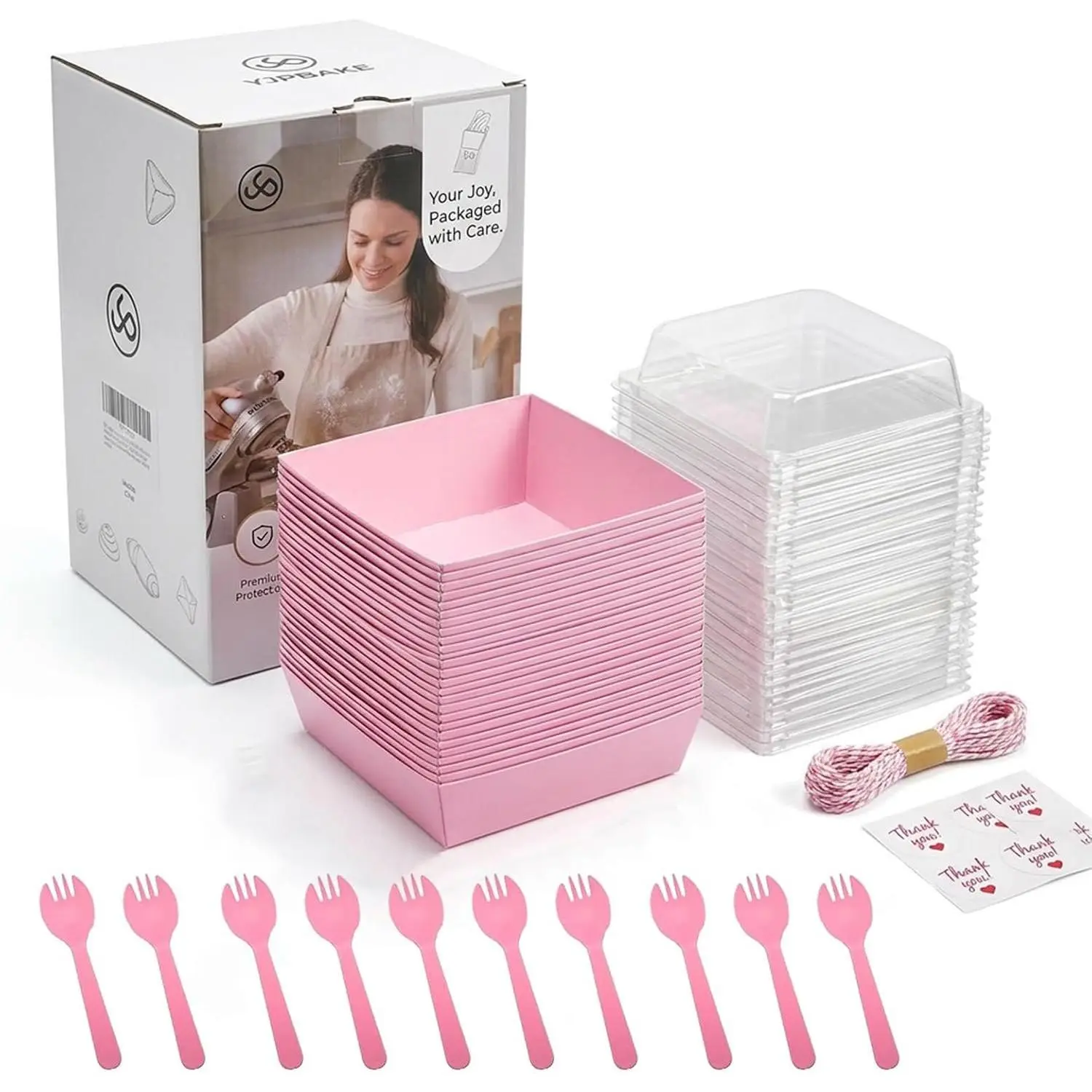 20 Sets  Charcuterie Boxes with Clear , 5" Square Sandwich Containers for Wedding,  Shower, Valentine's Day - Includes 20 Forks, Thank You Stickers & 20m Jute Twine