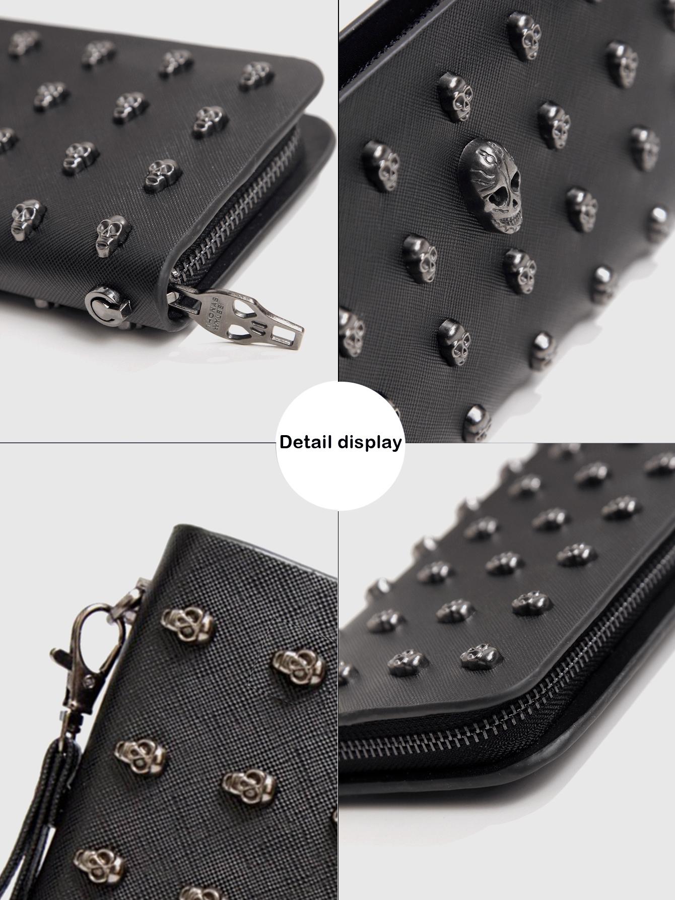 Halloween Black Skull Rivet Coin Wallet, Men's and Women's Wallets, Punk Style Skull Design, Large Capacity Zipper Closure, Wrist Zipper Long Gothic Style Wallet, Durable Travel Accessories