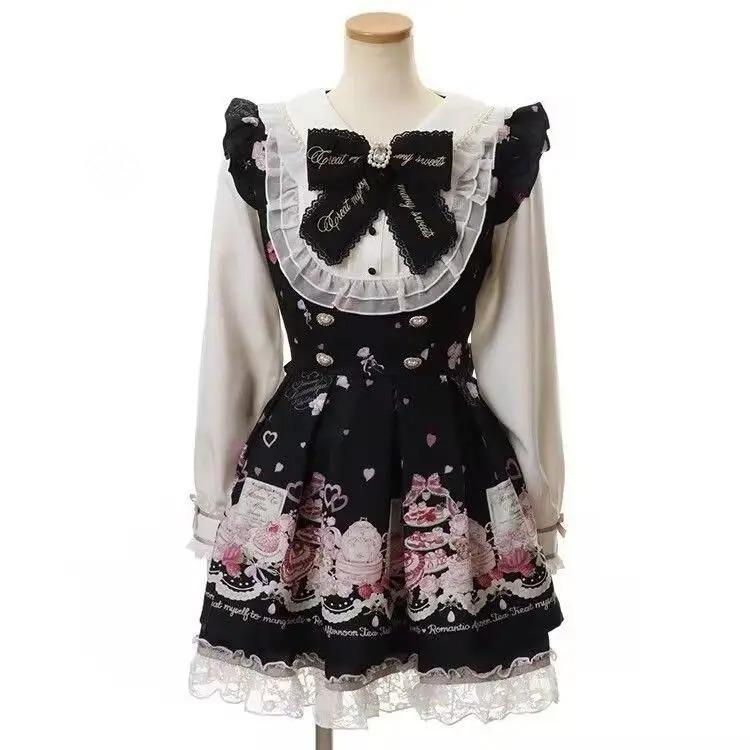 Kawaii Lolita Suits Harajuku Sweet Lace Patchwork Slim Fit Blouse +  High Waist Skirts Women Spring New Black Two Piece Sets