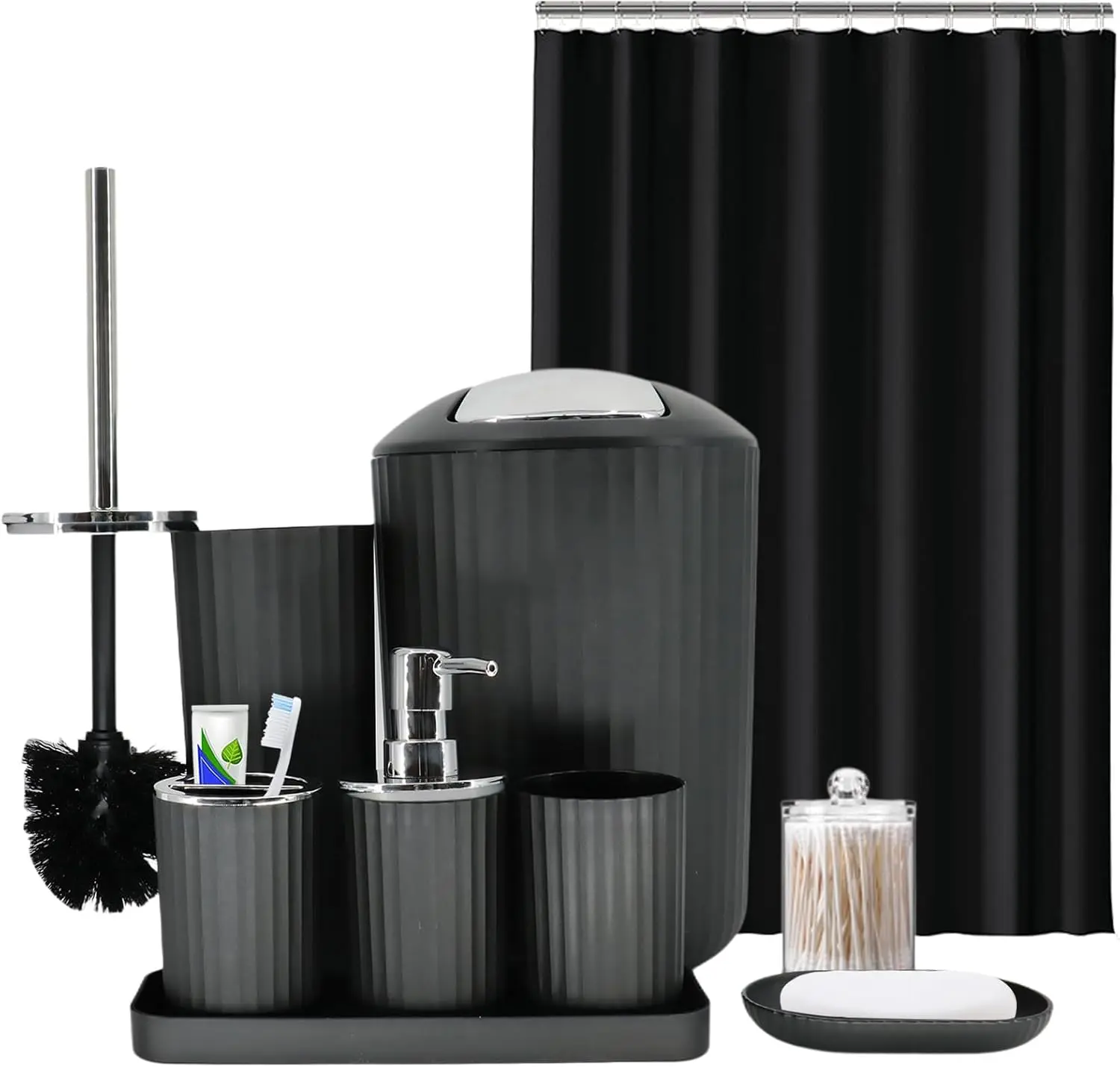 Black Bathroom Accessories Set, 10Pcs Bathroom Accessory Sets Complete with Trash Can, Shower Curtain, Vanity Tray, Soap Dispenser, Soap Dish, Toothbrush Holder&Cup, Toilet Brush&Holder, Qtip Holder