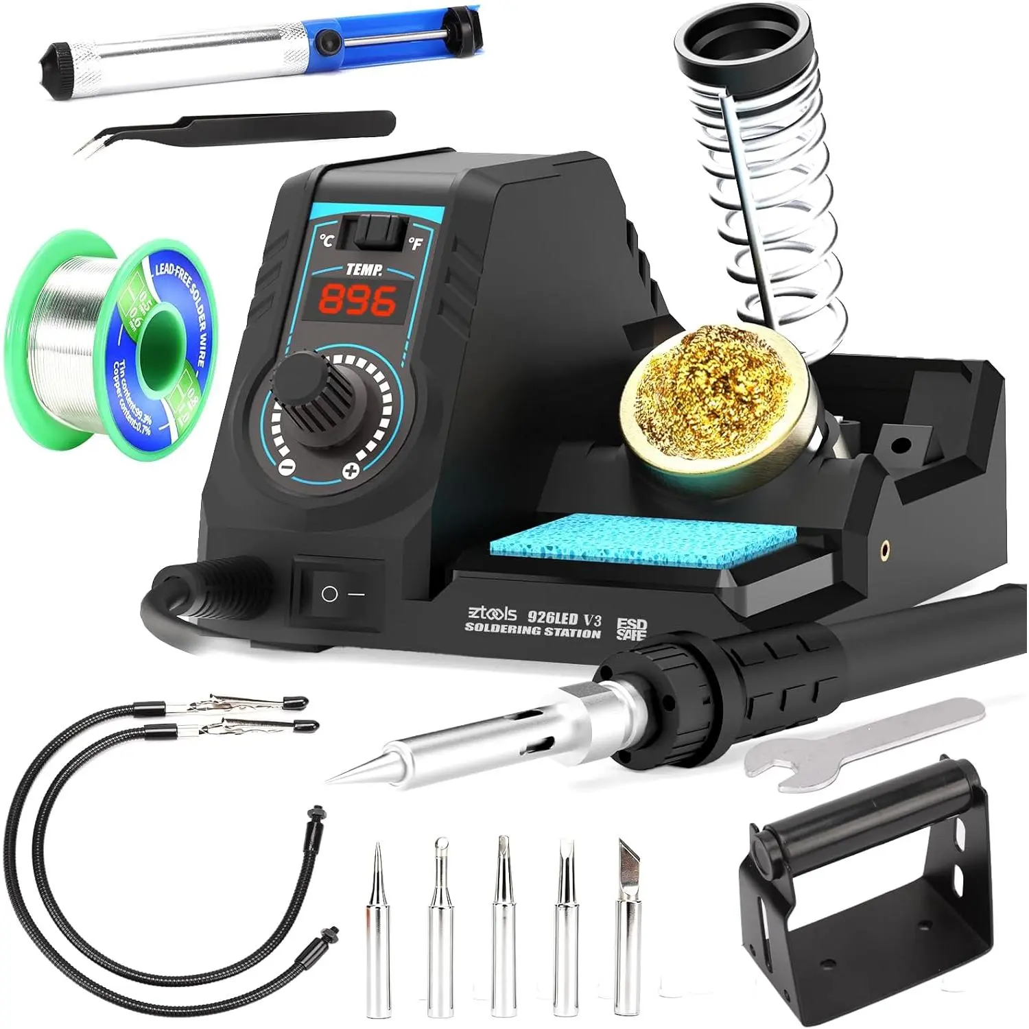 926LED V3-60W Soldering Station Iron Kit in Black with Temperature includes Helping Hands, Lead-Free Solder, 6 Soldering Tips, ESD-Safe Tweezers, Sleep Mode