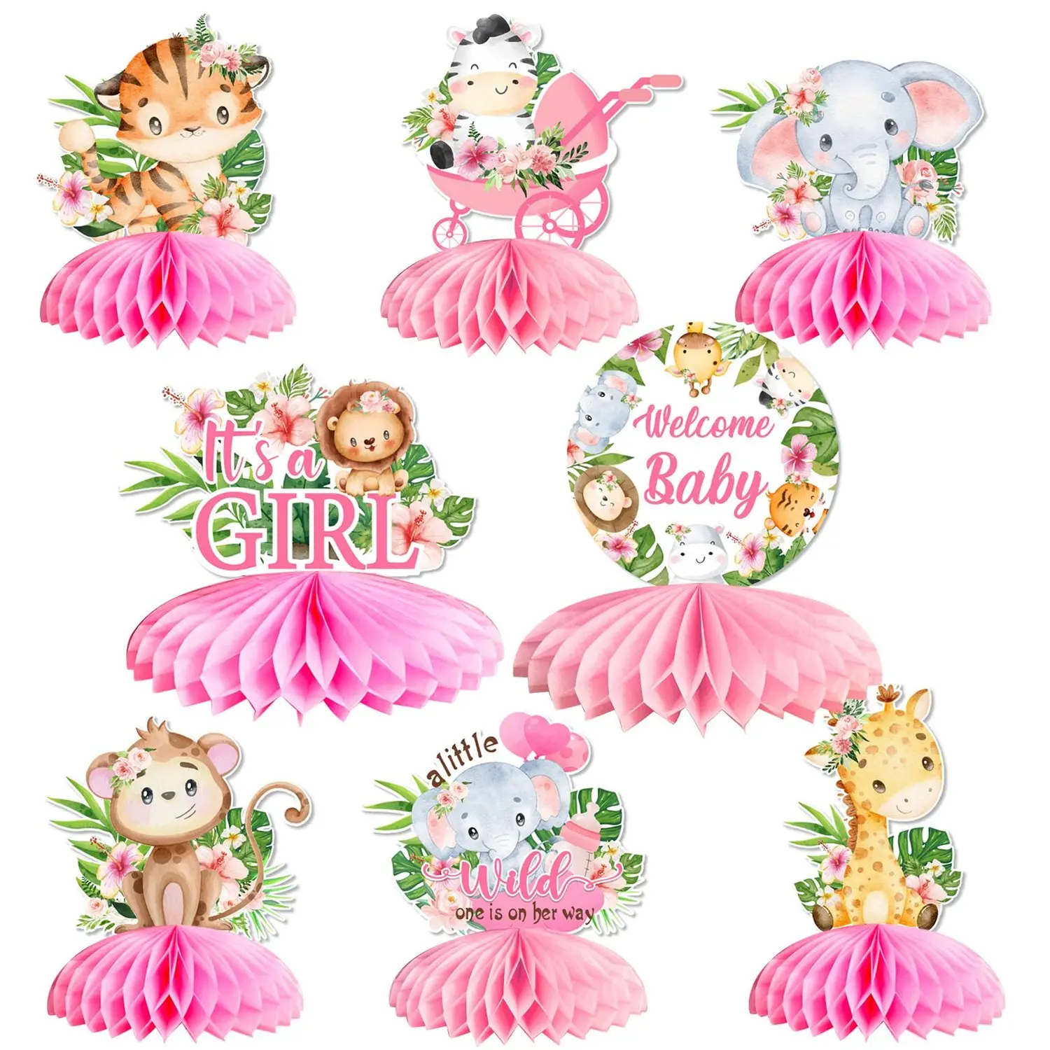 1Set Jungle Safari Baby Shower Decorations for Girl Jungle Animals Honeycomb Centerpieces Pink Jungle Animal Theme Its a Girl Welcome Baby Honeycomb for Jungle Theme Baby Shower Decorations