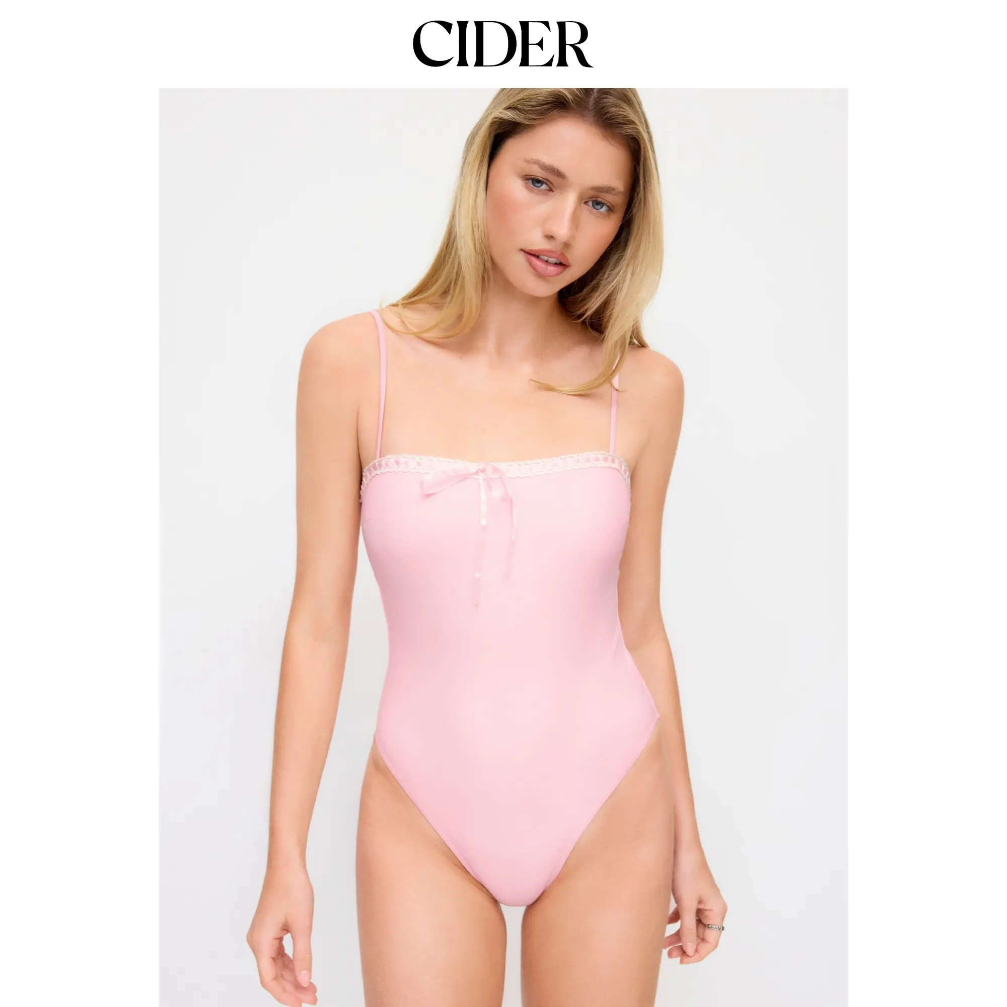 Cider Square Neck Lace Trim Bowknot One Piece Swimsuit