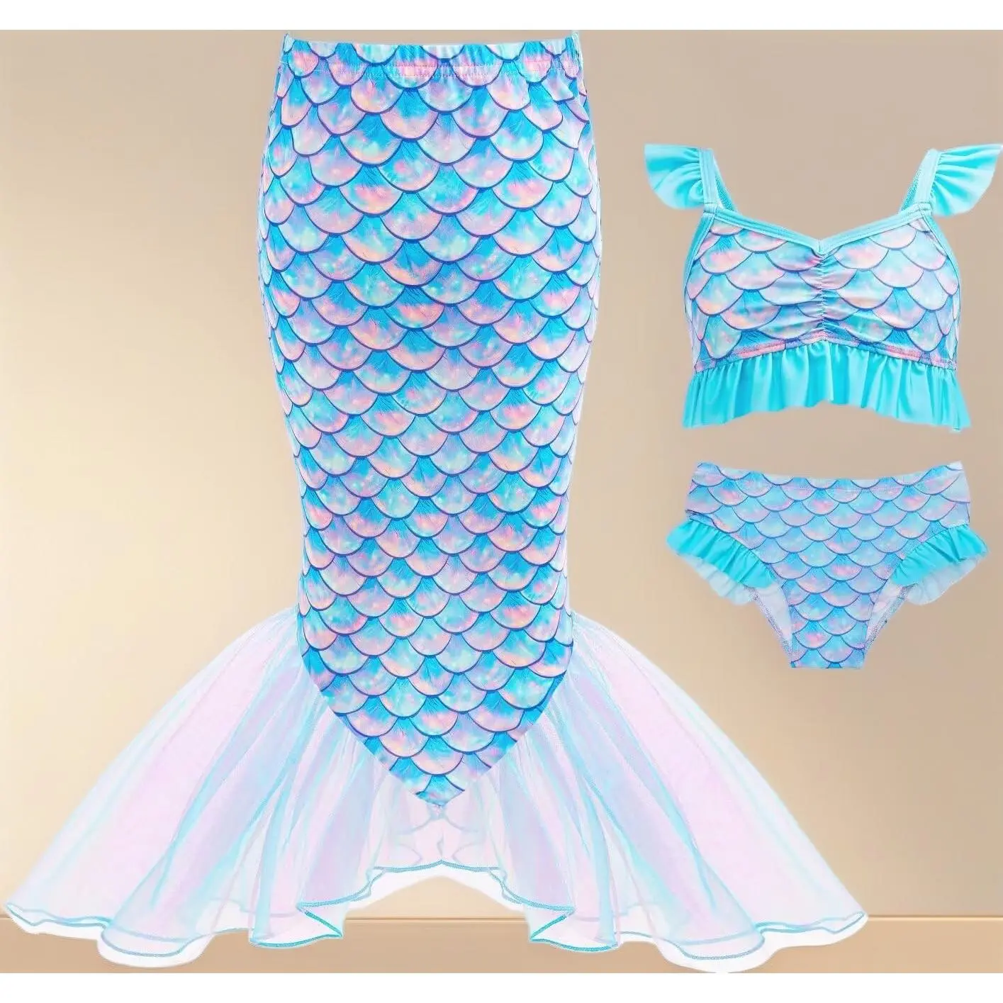 Mermaid Girls 3Pcs Bikini Swimwear Princess Bathing Suit with Cover Up Skirt for Kids 3‑13Y