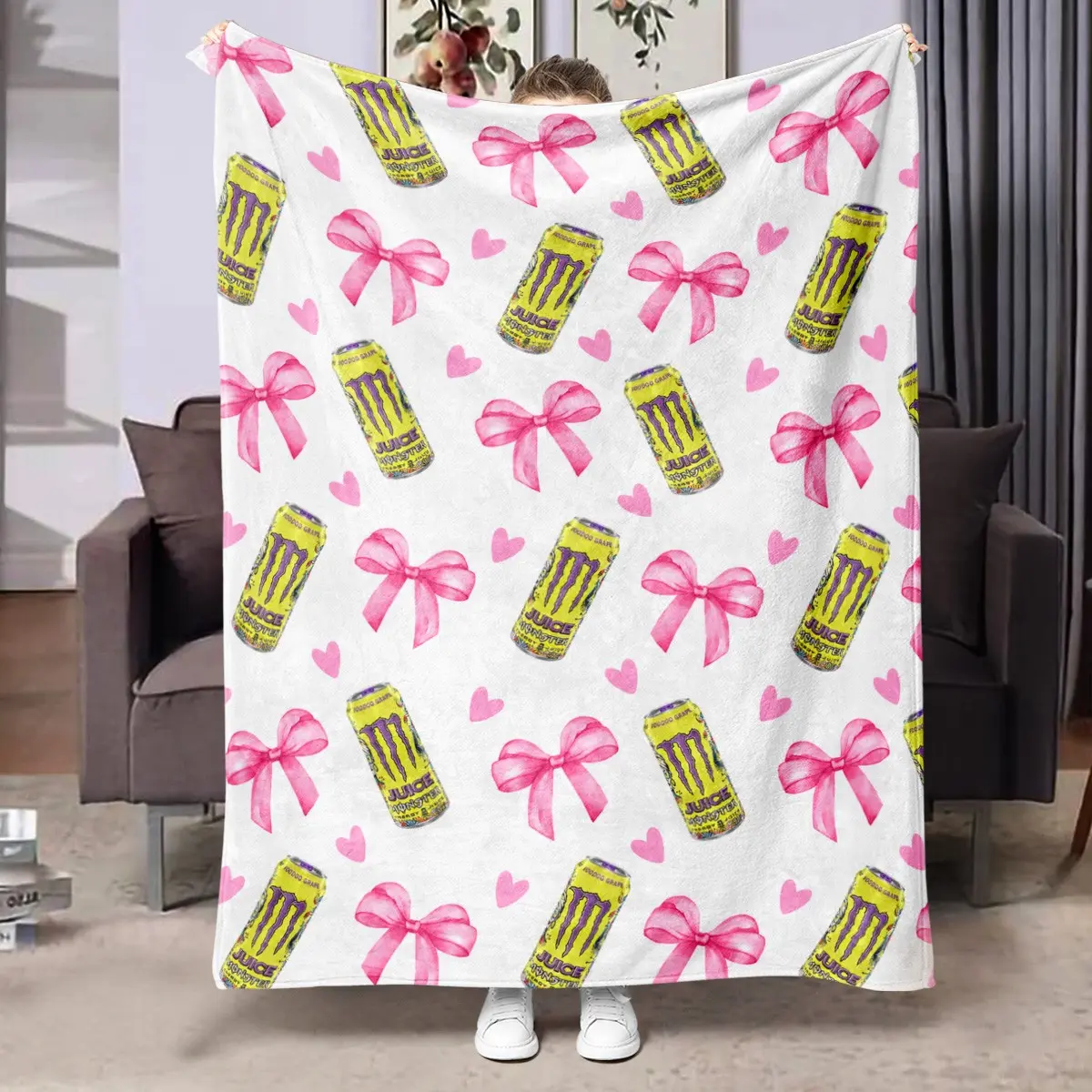 1pc White Background Yellow Monster Juice Drink Sweet Ditsy Print Fleece Blanket, full print yellow Monster juice cans, pink bows, light pink hearts, watercolor hand-painted patterns, sweet and cool girly contrast fun style. Soft warm comfortable nap blan