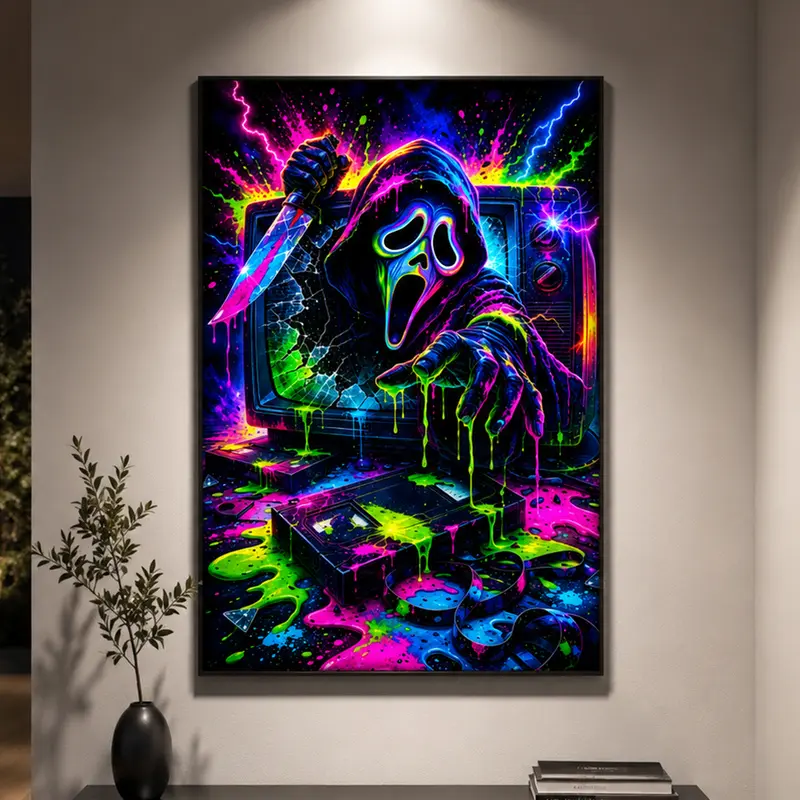 Scream Ghostface Classic Movie Scene Poster - Retro VHS Neon Gothic Horror Wall Art - Movie Fan Gift for Bedroom, Man Cave Home Decor