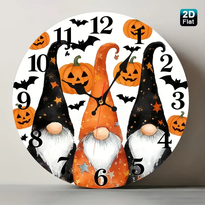 A lightweight battery-powered wall clock with a spooky Halloween design, featuring pumpkins, bats and gnomes. Easy to install, silent, and perfect for decorating your home, office, kitchen, bedroom or living room.