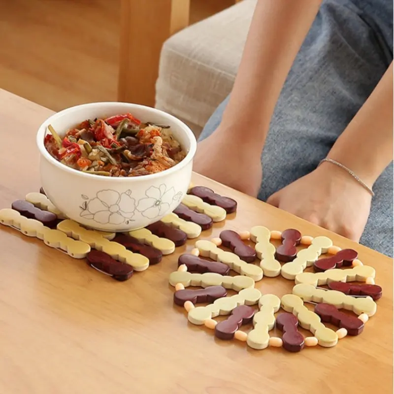 Bamboo Hot Pads Set, Heat Resistant Trivets for Hot Dishes, Non-Slip Kitchen Table Mats, Round & Square Bowl Coasters, Natural