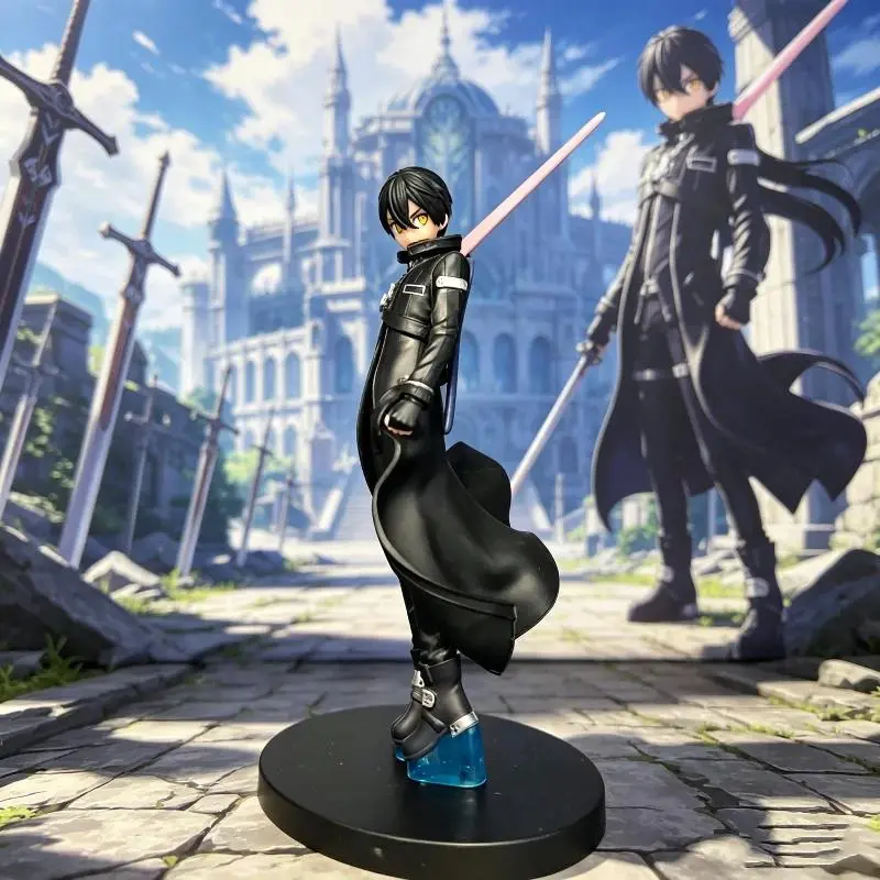 17cm Sword Art Online Kirito Figure Black Swordsman Kazuto Kirigaya Standing Pose Anime Model Desk Ornament PC Case Decor Gift