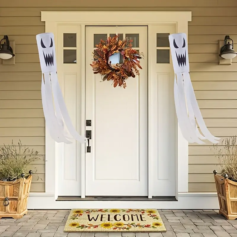 2PCS Set Halloween Windsock with Weathervane Design, Durable Polyester Pennant Flag, Spooky Outdoor Accent for Yard & Porch, Adult Halloween Decor