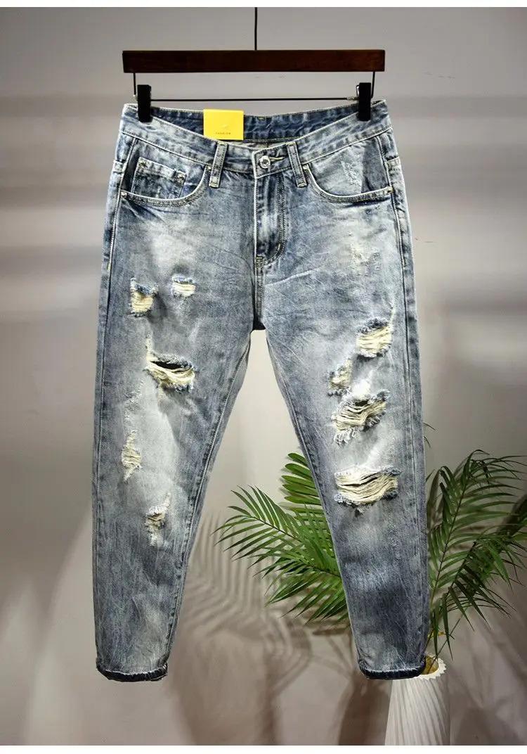 Men's Shaved Trendy Ripped Jeans Ruffian Handsome Summer Slim-fitting Pants Trendy Brand Man Clothes Designer Beggar Pants Men