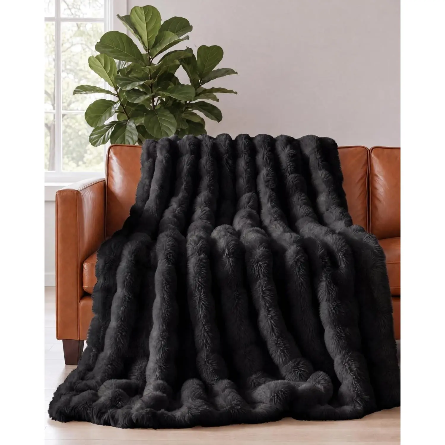 3D Fleece Bubble Blanket Queen Size - Rabbit Blanket - 90" x 90", Black | Soft Fluffy Faux Fur Blanket for Couch Sofa & Chair, Cozy Gifts for Women, Tie Dye Cloud Throw Bed Cover, Thick Plush Bedding
