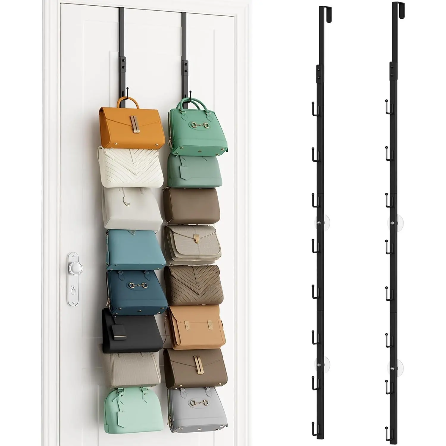 Vertical Rectangular Over-the-Door Purse Organizer - 2-Pack Reinforced Wall-Mounted Rack with 8 Hooks, Space-Saving Home Use Storage Holds Up to 16 Handbags (Black), Space Saver