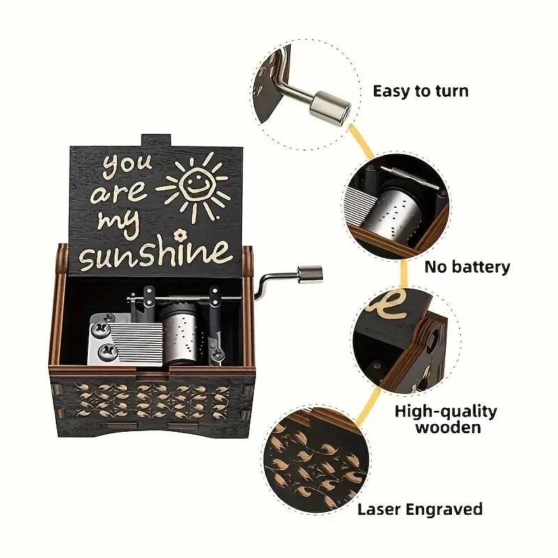 'You Are My Sunshine' Letter Pattern Music Box - Hand Crank Wooden Laser-Engraved Vintage Music Box - Ideal Gift for Birthdays, Anniversaries & Weddings