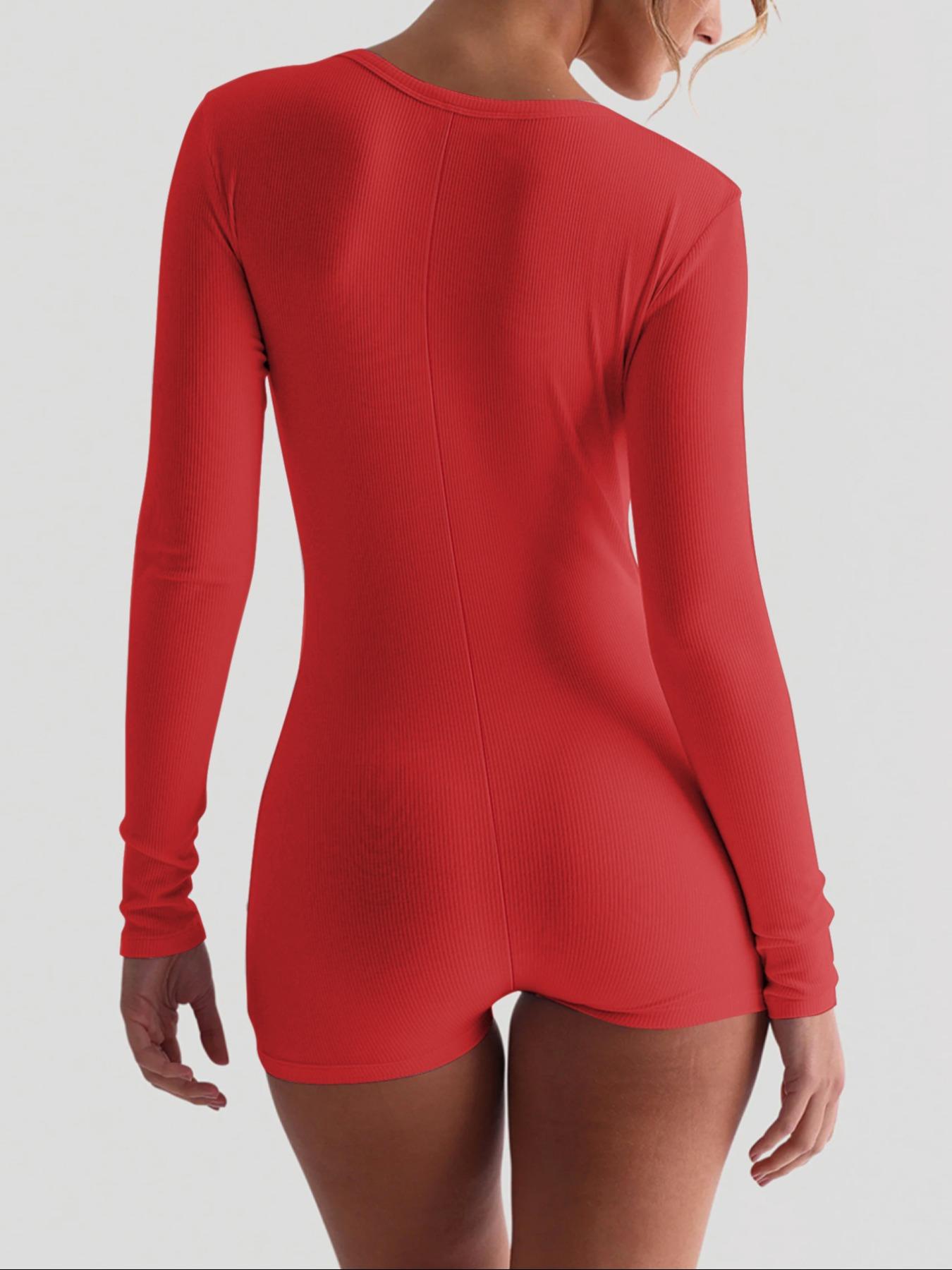 Women's Plain Button Front Ribbed Romper, Casual Long Sleeve Skinny Romper for Spring & Fall, Women's Clothes for Daily Wear, Womenswear