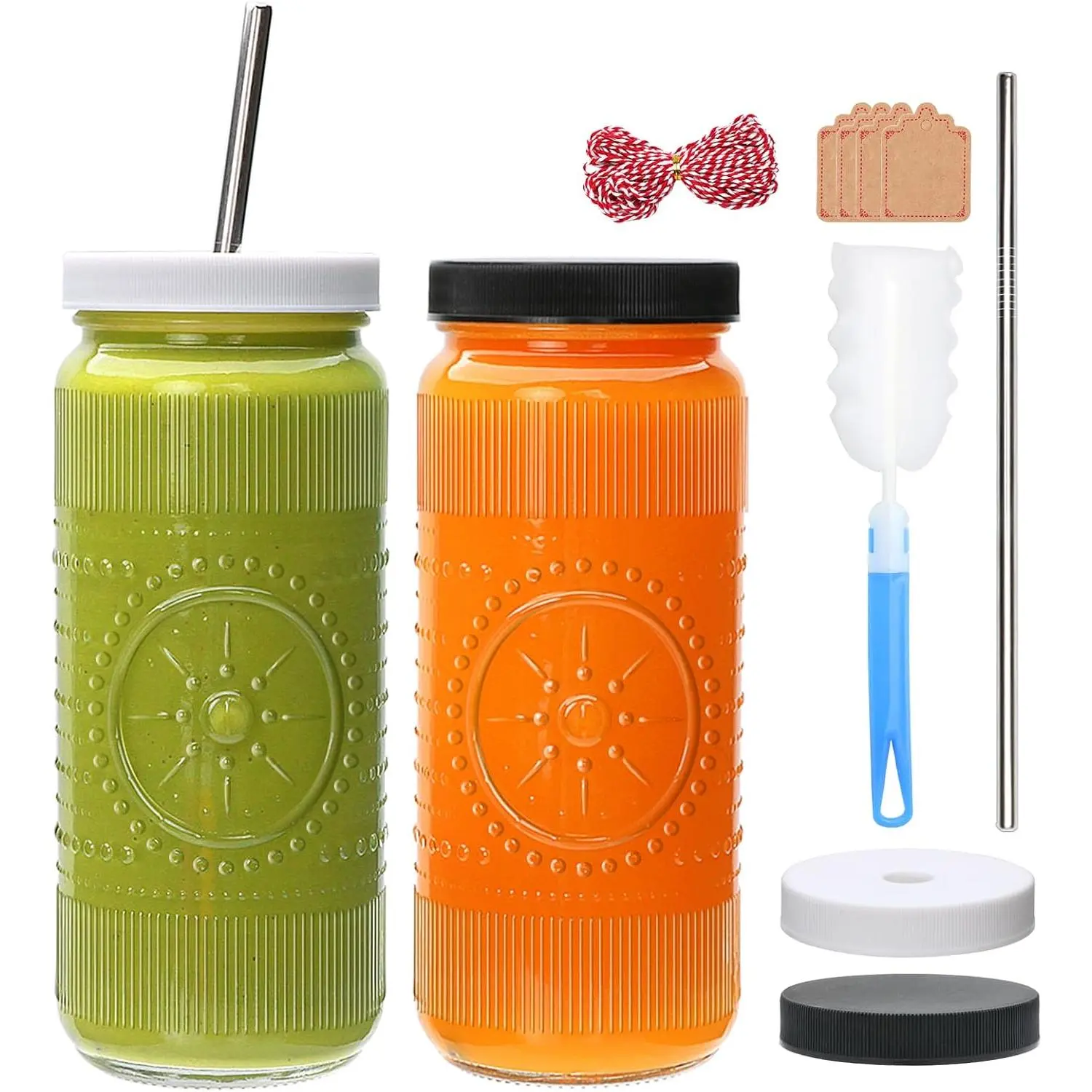 Glass Juice Bottles with  16 oz,  Juice Containers | 2 Pack Juicing Jars with  and Straws, Glass Smoothies Cups for Juicing, Kombucha, Water, Meal Prep,Travel, Fridge