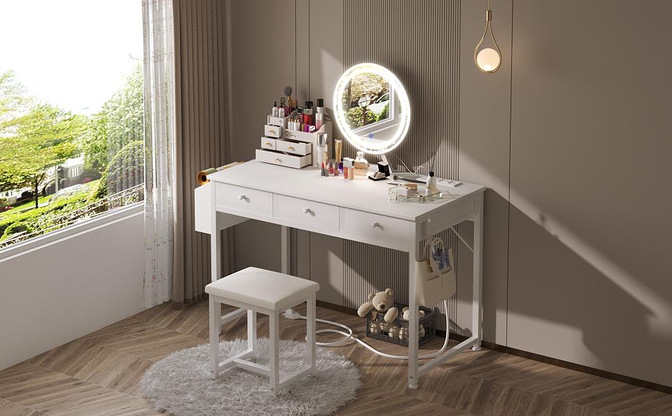 Lufeiya White Makeup Vanity Desk with Mirror and Lights, 40 inch Make Up Vanity Desks with Fabric Drawers & Power Outlet, Dressing Table and Chair Set for Girls Bedroom, White/White Gold, Get Free Gift