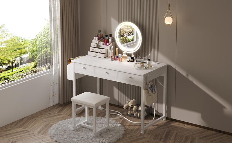 Lufeiya White Makeup Vanity Desk with Mirror and Lights, 40 inch Make Up Vanity Desks with Fabric Drawers & Power Outlet, Dressing Table and Chair Set for Girls Bedroom, White/White Gold, Get Free Gift