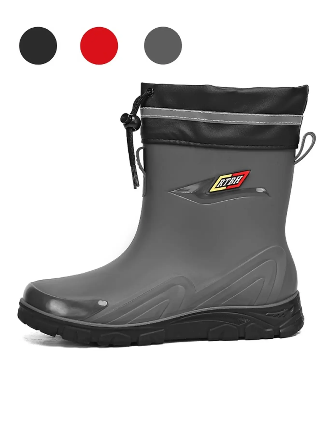 Mens Black Drawstring Reflective Mid Calf Rain Boots Drawstring Prevents Water Ingress Anti Slip Thick Sole For Rainy Commute Outdoor Work
