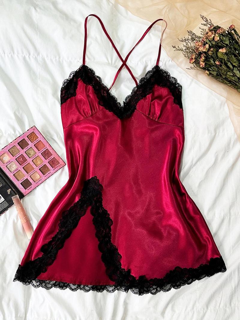 Valentine's Day Women's Contrast Lace Criss Cross Bow Back Satin Cami Nightdress, Elegant Spaghetti Strap Split Hem Backless Nightgown, Gift for Her, Dresses for Women, Women's Summer Sleepwear
