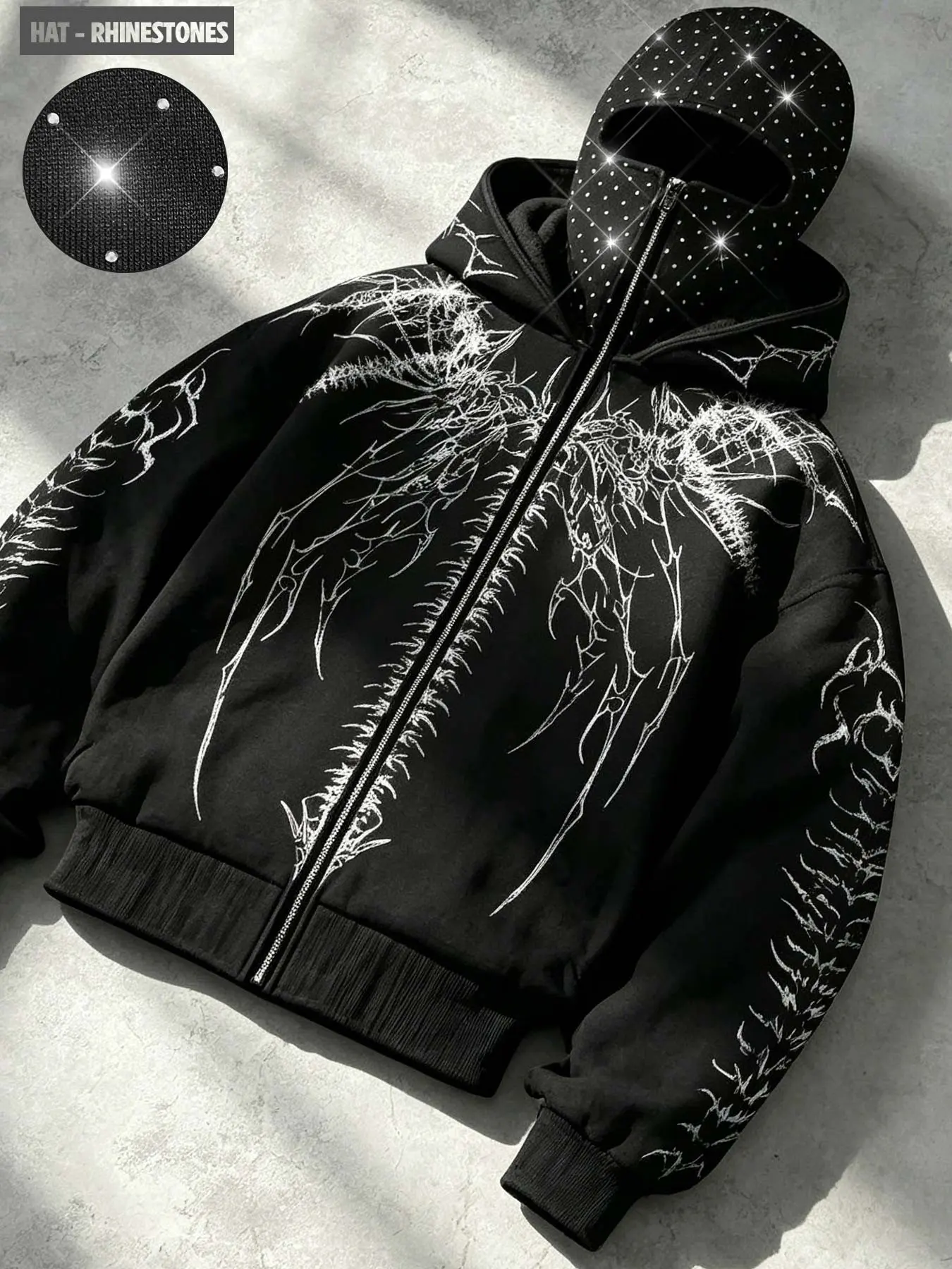 Thorn wings, spine lines, all-over hot-fix rhinestone face mask, hooded oversized cardigan, starry rhinestone face shield, fleece-lined warm zip-up jacket, unisex black loose short hooded casual street style, trendy streetwear.