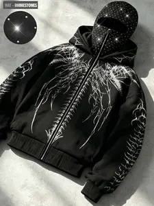 Thorn wings, spine lines, all-over hot-fix rhinestone face mask, hooded oversized cardigan, starry rhinestone face shield, fleece-lined warm zip-up jacket, unisex black loose short hooded casual street style, trendy streetwear.