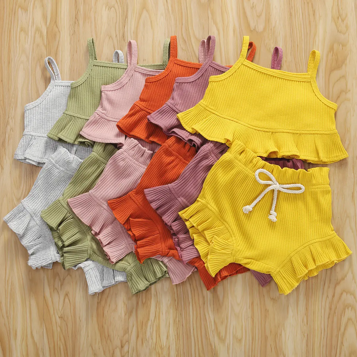 Toddler Girl Ribbed Knit Ruffle Cami Crop Top 2Pcs Outfit Drawstring Ruffle Hem Shorts Summer Casual Solid Color Matching Clothes Set