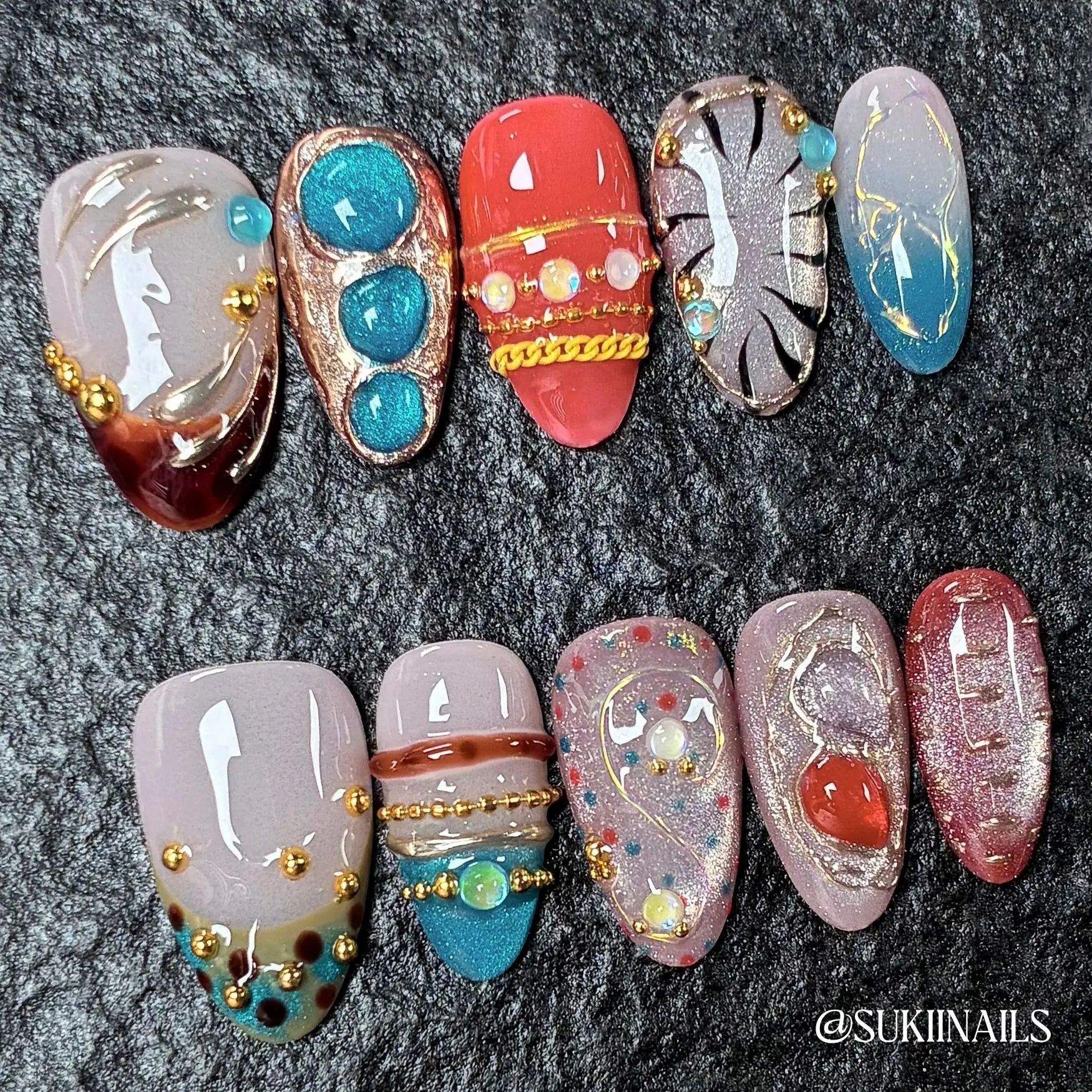 Boho Gem Color Block Press On Nails, Fake Nails Acrylic, Short Almond/Medium Square, 10pcs glossy cat-eye nails with big gems, gold chain lines & bead studs, bohemian reusable acrylic false nails for 4th of July, pool parties & vintage outdoor markets
