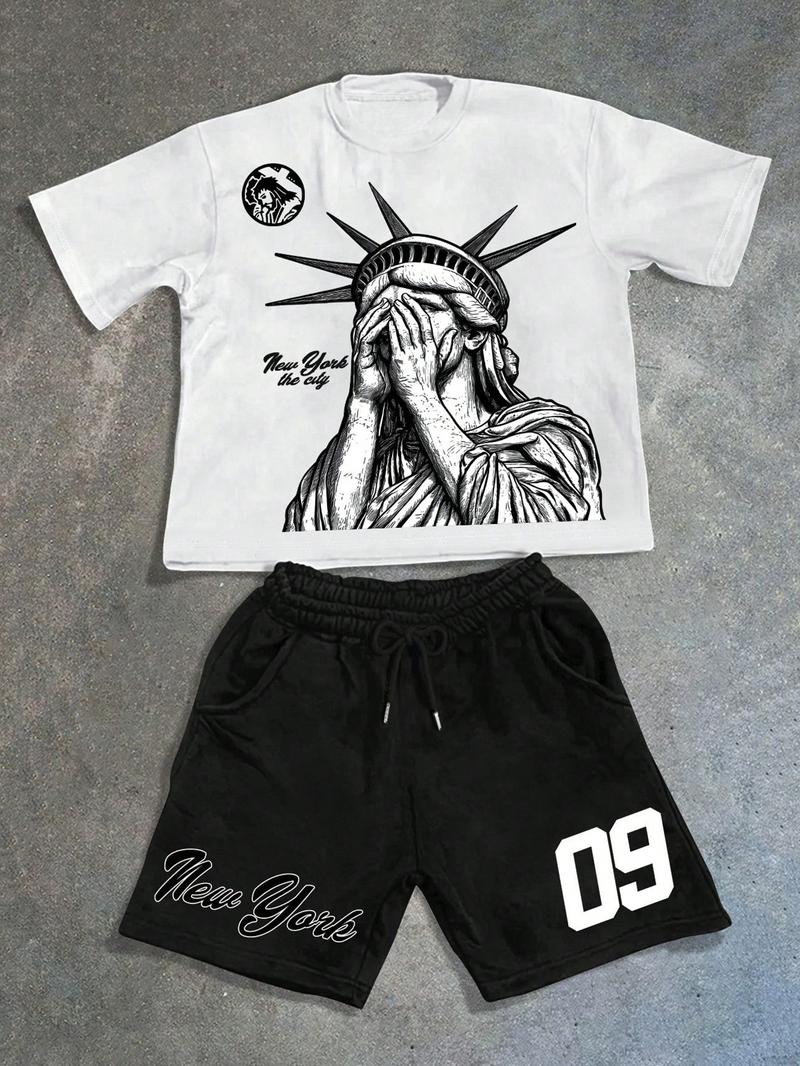 Men's Statue Of Liberty & Letter Print Short Sleeve Tee & Shorts Two-piece Set, Regular Fit Casual Round Neck T-shirt & Track Shorts, Men's Summer Clothes