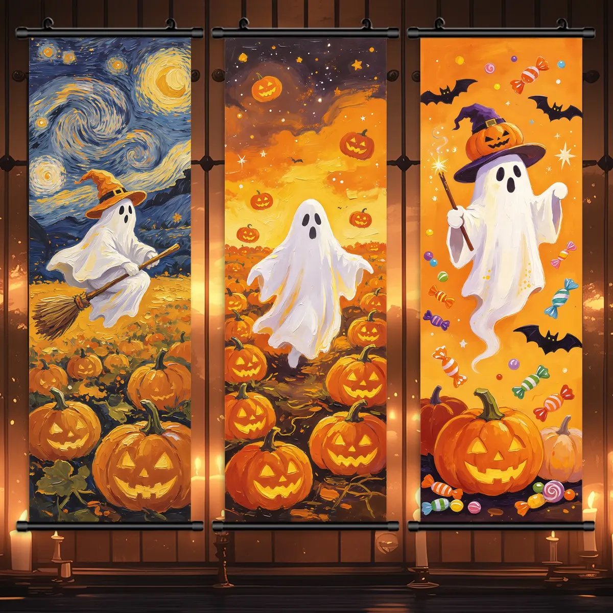 3-count Halloween wall hangings, fun starry broom candy white ghost patterns, retro Halloween decorations, terrifying Halloween art, courtyard party posters, bedroom and living room posters, tasteless, high-definition, gifts