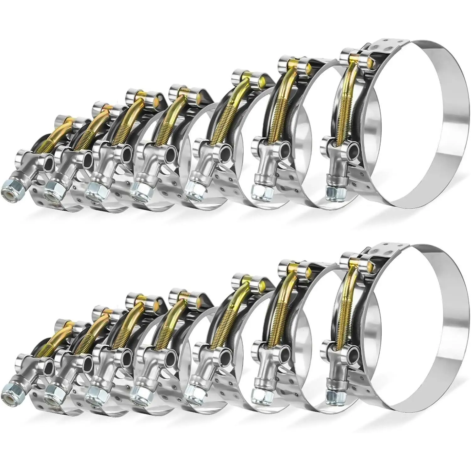 14Pcs Multi-Size T-Bolt Type Stainless Steel Radiator Hose Clamp Set, 1-3 Inches, 304 Stainless Steel, Nylon Nut, Leak-Proof, Vibration-Resistant, Fits Fuel Systems, Cooling Systems