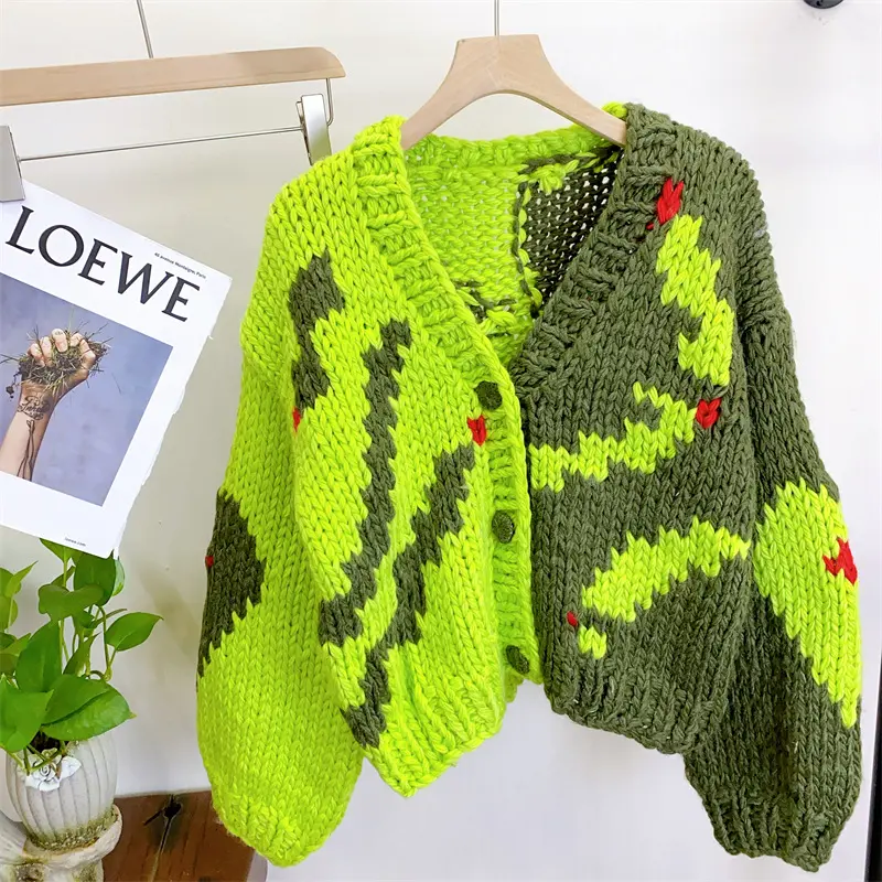 Women's Handknitted V-Neck Cardigan, Comfortable Colorful Crochet Wool Knit with a 3-Button Front and Long Sleeves, Longsleeves, Knitwear, Sweater, Casual, Free Size, Lazy Wind, Unique Fit, Tops, Outfits, Crocheted