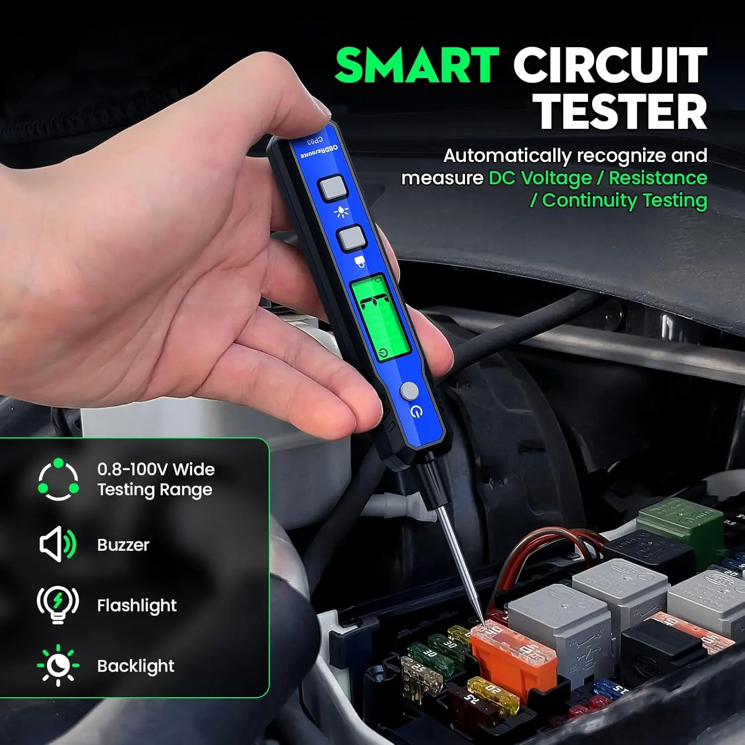 Car Voltage Circuit Tester, Digital DC Voltage Resistance Meter, Backlit Flashlight, Polarity and Continuity Measurement