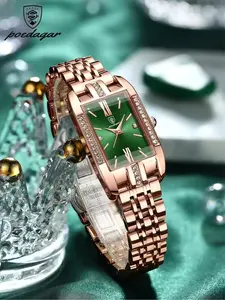 Women's Elegant Watch, Fashion Dial, Square Design, Diamond Inlay, Stainless Steel Strap, Roman Numerals, 30m Waterproof, Gift Idea