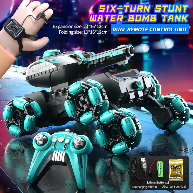 Remote Control Water Bullet Tank Car, 6-Wheel Stunt Off-Road Toy for Boys, Gesture Sensing RC Vehicle Gift