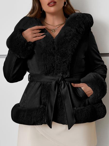 Women's Winter Warm Elegant Faux Fur Patchwork Coat, Plus Size Commuter Casual Hooded Woolen Overcoat with Belt, Long Sleeve