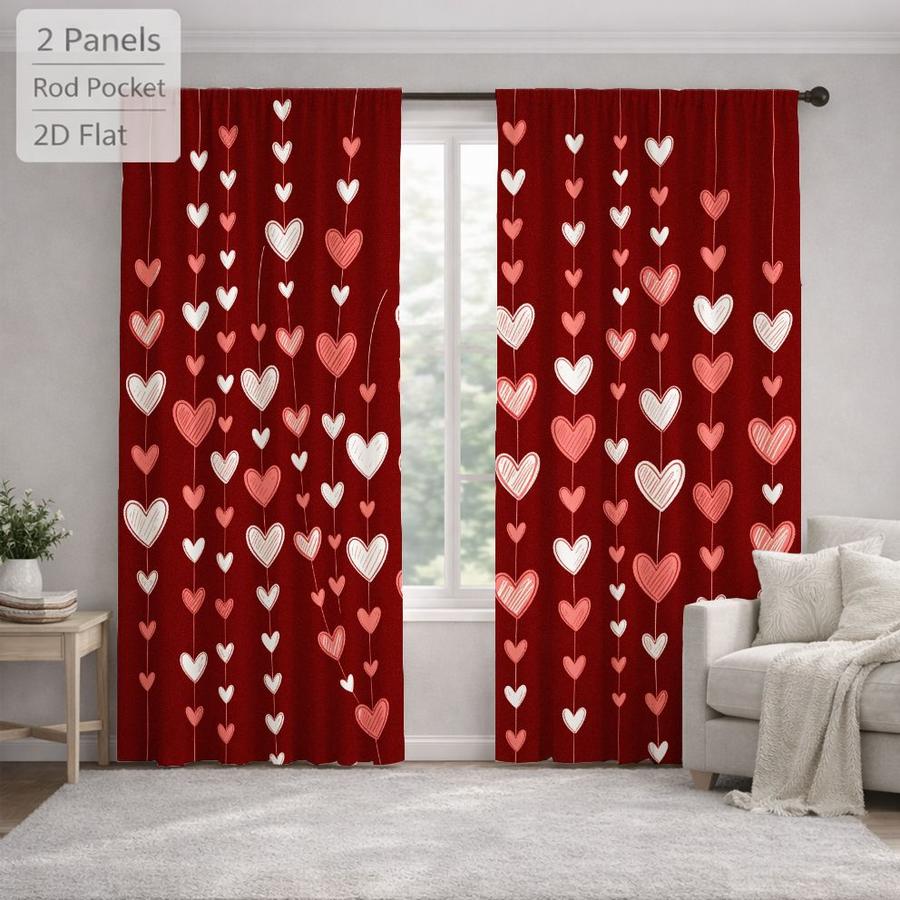 2Pcs Romantic Red Heart Pattern Sun Blocking Curtains Digital Printed Rod Pocket for Bedroom Office Kitchen Living Room Study Home Decor Soft Light Filter Easy Installation
