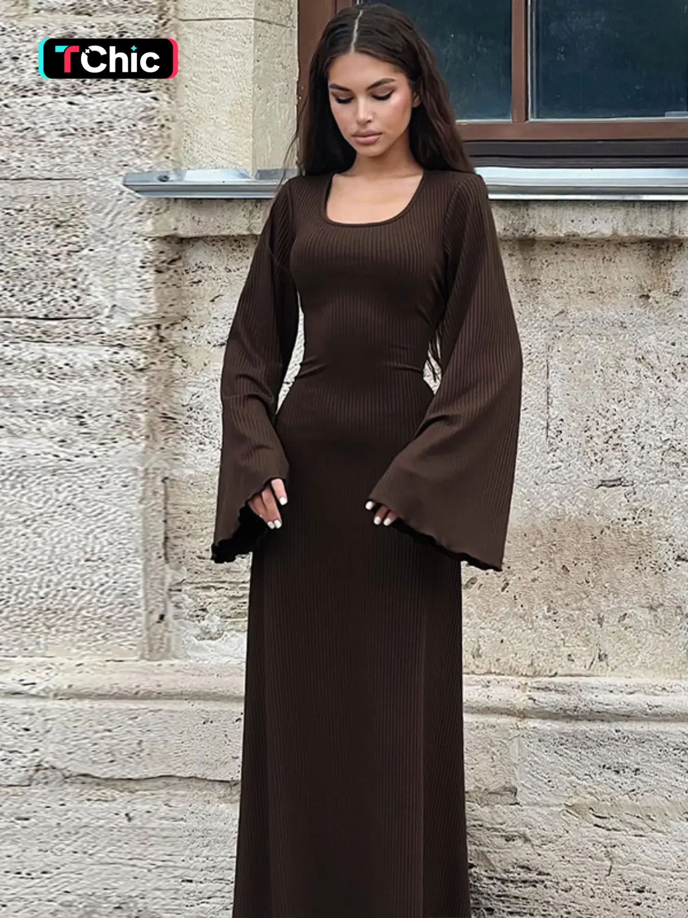 Women's Plain Flounce Sleeve Tie Back U Neck A Line Dress, Elegant Chic Long Sleeve Maxi Dress for Spring & Fall, Women's Clothing for Daily Wear, Womenswear