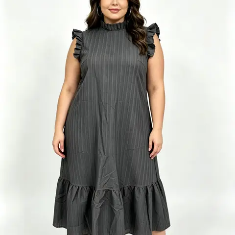 Plus Size Women's Summer New Solid Color Fashion Sundress, Casual Style Loose Waist Pleated Design Long Dress, Keyhole Back Ruffle Hem Dress, Casual Wear, Fit