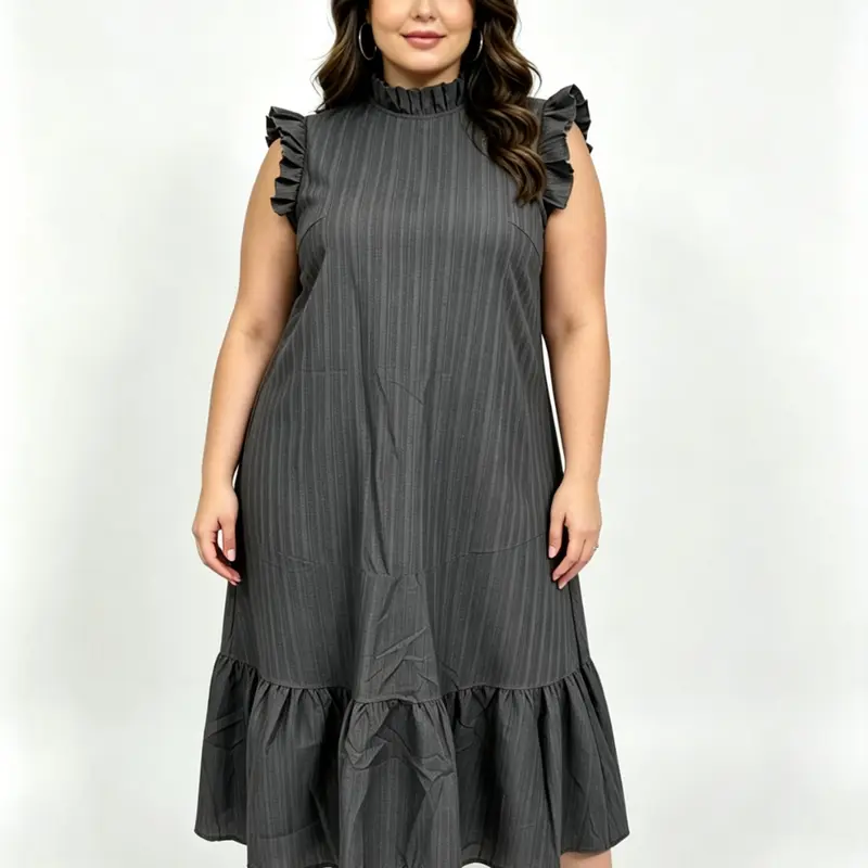 Plus Size Women's Summer New Solid Color Fashion Sundress, Casual Style Loose Waist Pleated Design Long Dress, Keyhole Back Ruffle Hem Dress, Casual Wear, Fit