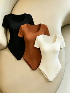 Women's Fashion Casual Plain Slim-Fit Short Sleeve Tight Top Set, Three-Piece for Stylish and Comfortable Wear, Perfect for Daily Use