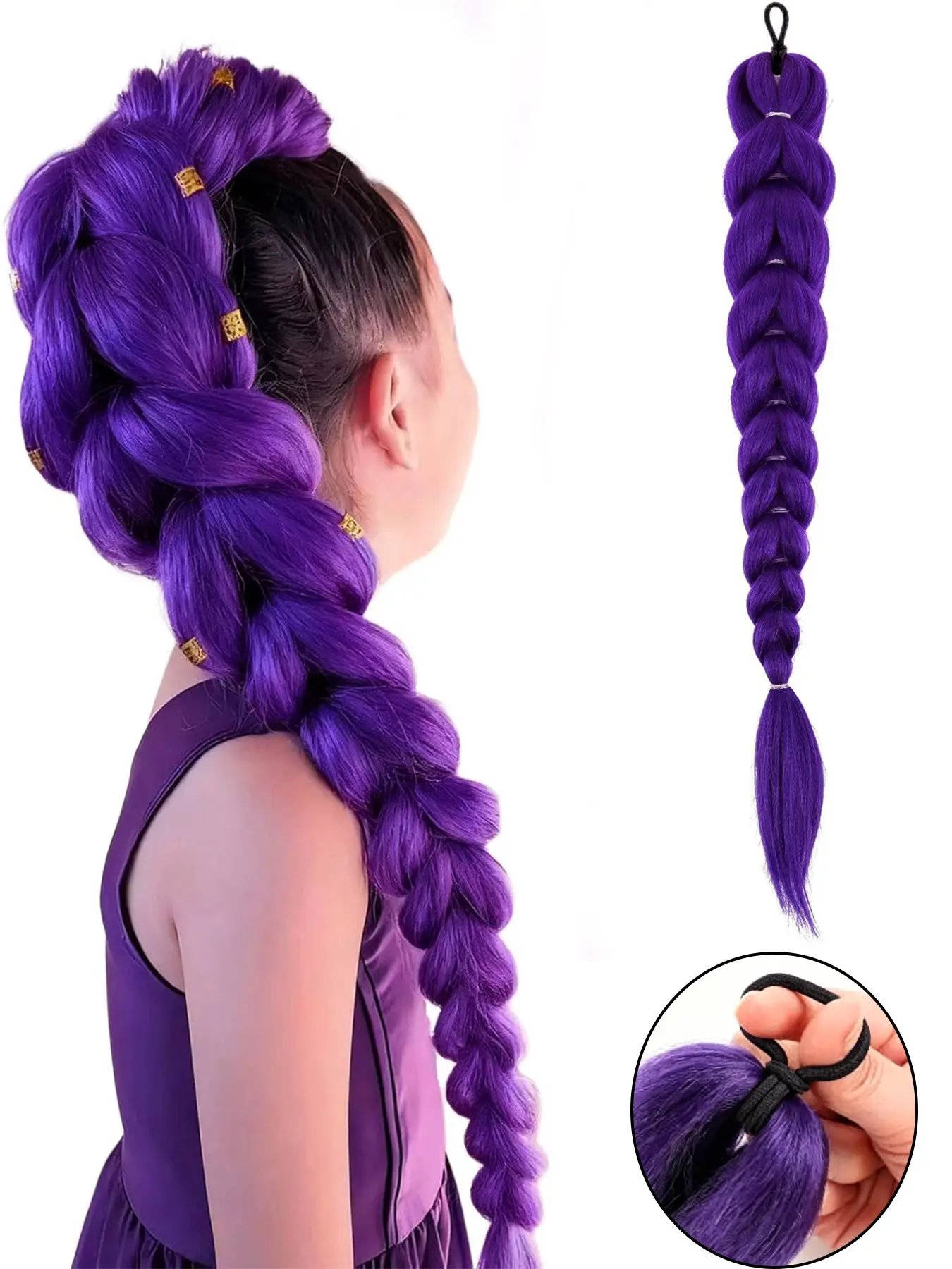 26 Inch Synthetic Purple Braided Ponytail Extension with Elastic Tie - Wrap-Around Straight Braid Pony Tail Suitable for Hair Types & Volume for Ponytails Extensions Synthetic Fiber Extensions Synthetic Hair Pieces