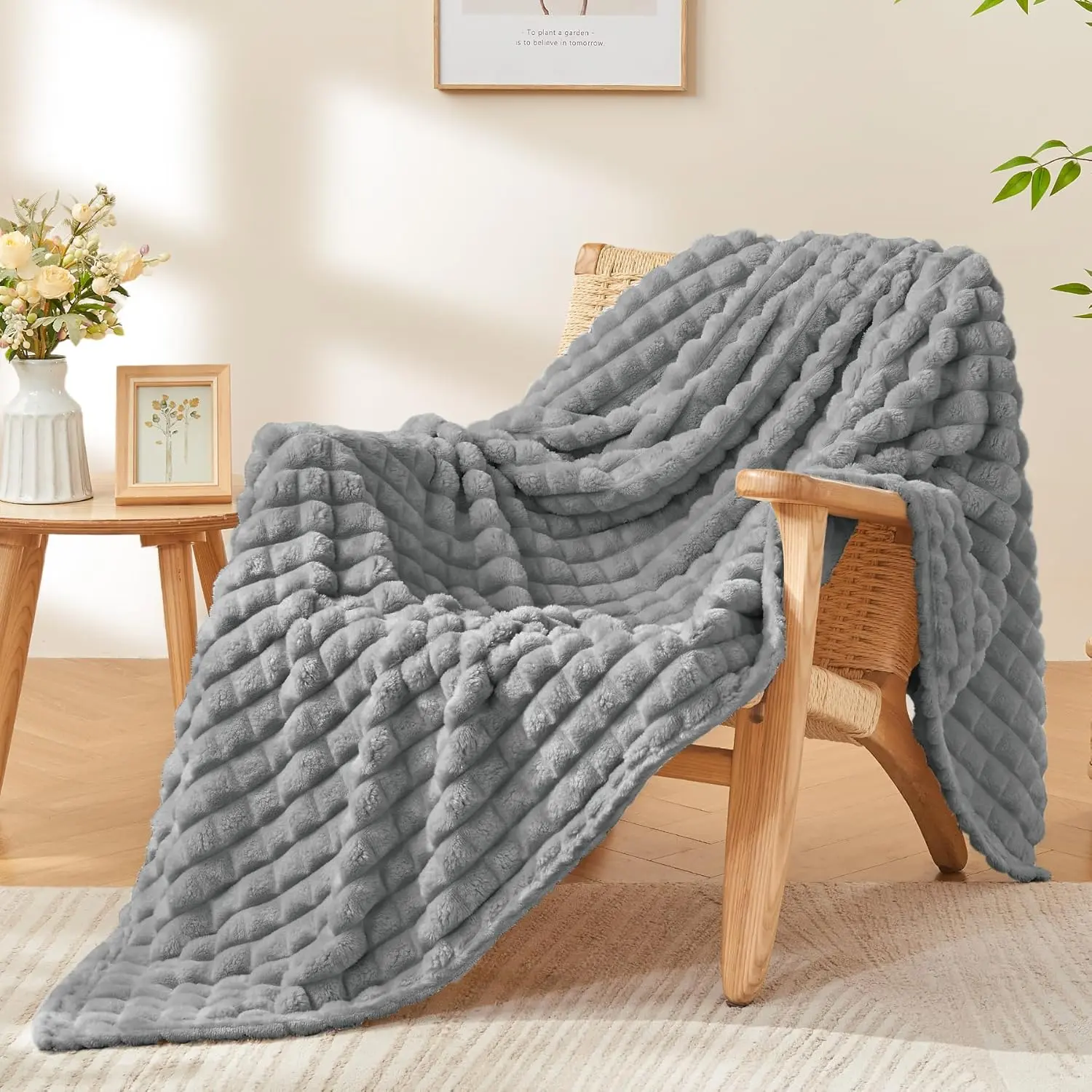 Updated Grey Throw Blanket for Couch and Bed- Super Soft and Warm 3D Checkered Fluffy Fuzzy Fleece Blanket, Luxurious Plush Cozy Blanket for Room Decor Spring, 50x60 inches