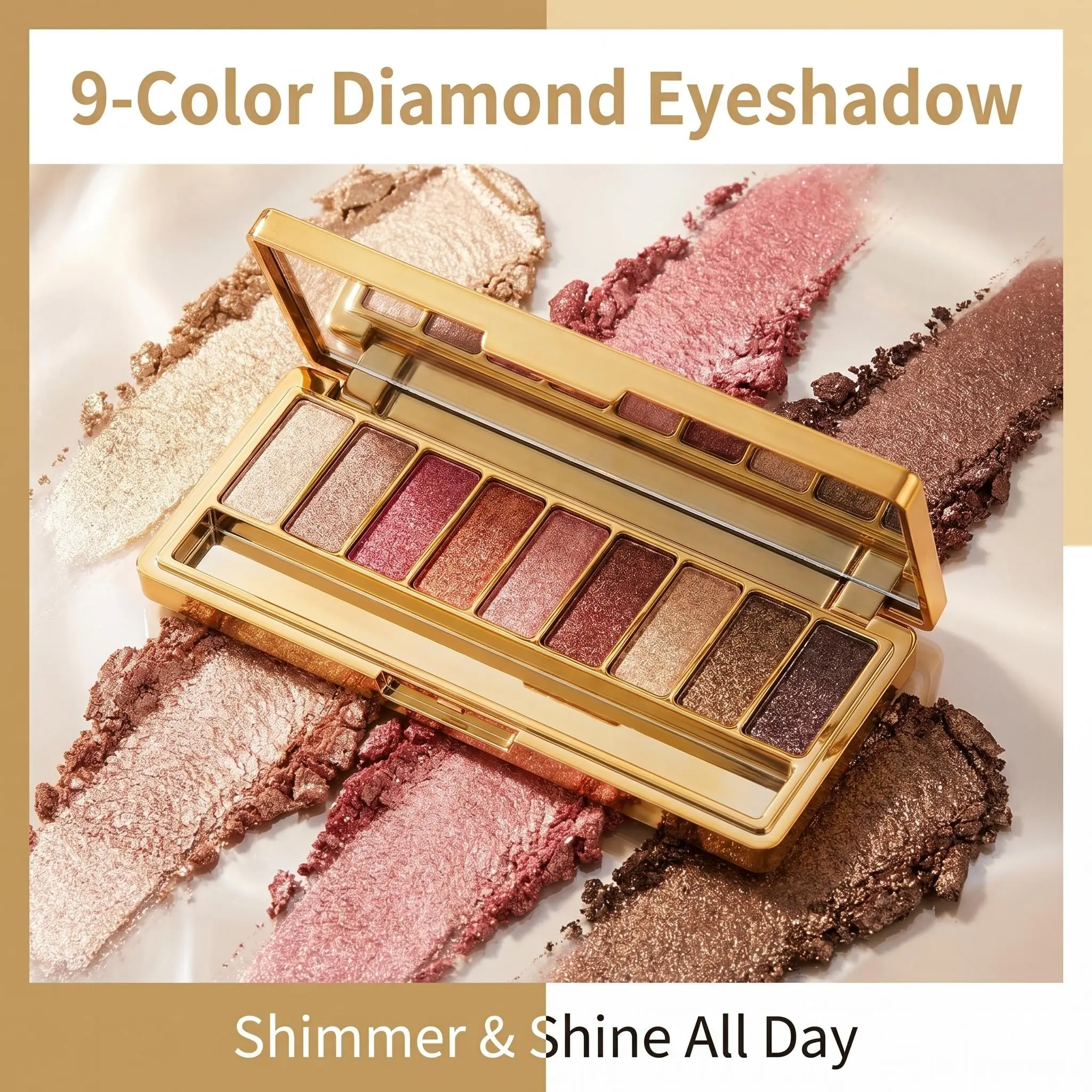 9 Color Glitter Eyeshadow Palette, Ultra-Fine Shimmer Earthy Gold Shades, Long-Lasting Makeup with Dual-Ended Brush Included
