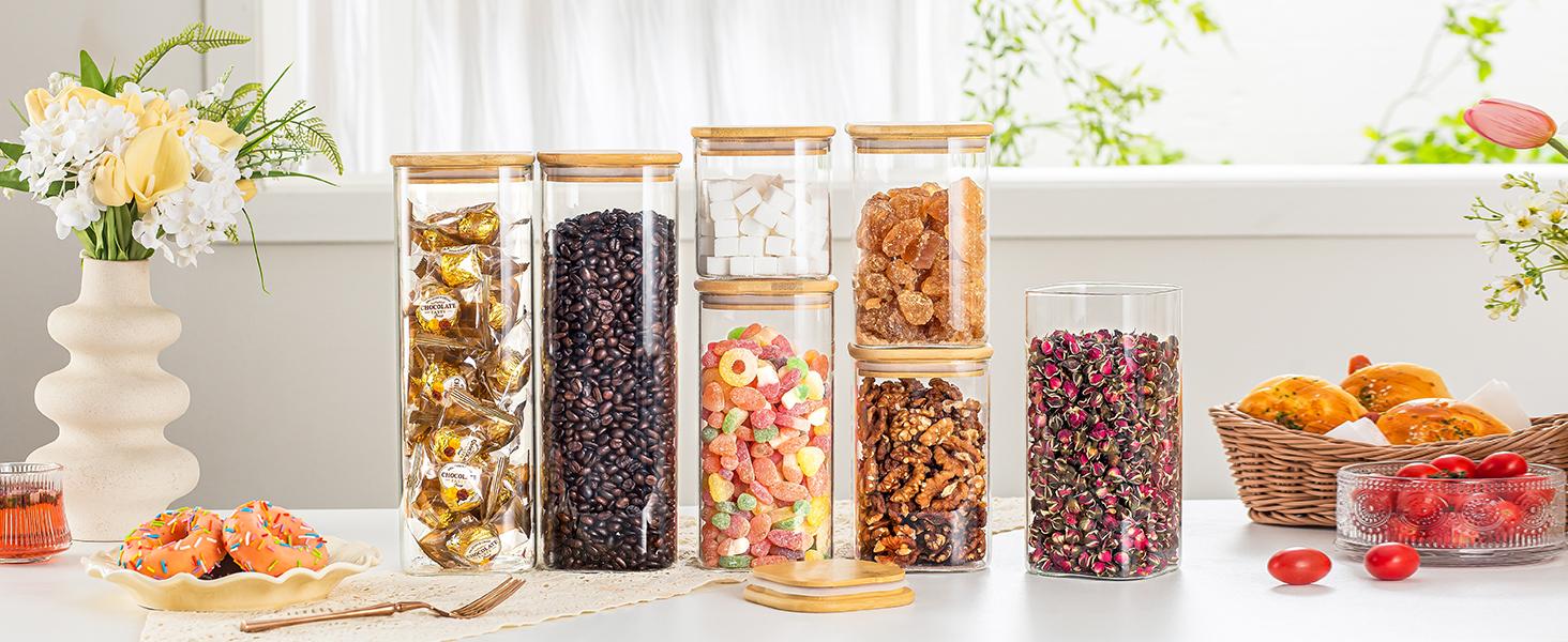37 Oz Glass Storage Jars with Bamboo Lids - 6 Pack Clear Glass Canisters Square Airtight Stackable Ideal for Pantry Storage Containers Organizers Great for Storing Oats Coffee Beans Nuts etc