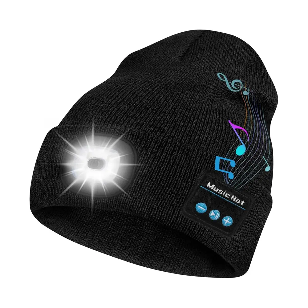 Bluetooth-compatible Compatible Music Hat with Light, USB Rechargeable LED Headlamp Cap, Warm Headlight Hat with Earphones & Speaker Mic